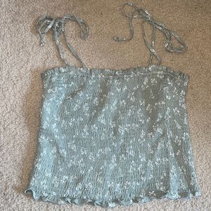 Abercrombie & Fitch Sage Green Floral Smocked Tie Strap Crop Tank